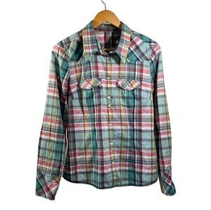 JENSEN Women’s Dessin Cotton Plaid Button Down Shirt Blue/Pink Size 38/Medium